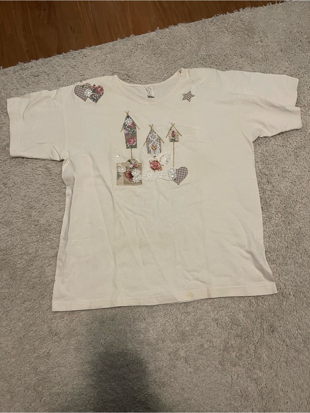 Women’s Cream Short-Sleeve Tee with Floral Birdhouse Appliqués